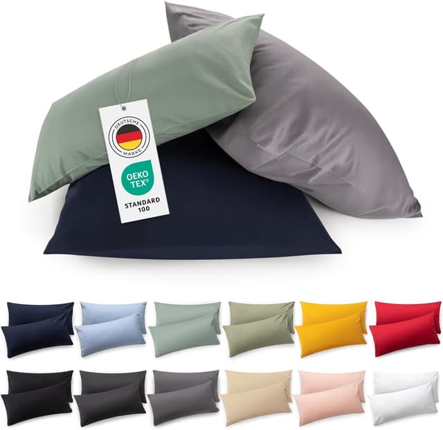 Detalle de Blumtal Kissenbezug 40 x 80 cm im 2er-Set – Hellgrün, 100% Baumwoll-Jersey, mit Reißverschluss