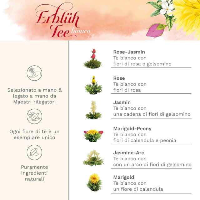 Detalle de Creano Set Regalo Fiori di Tè “Flower Design” con teiera in vetro da 500 ml e 6 tè bianco