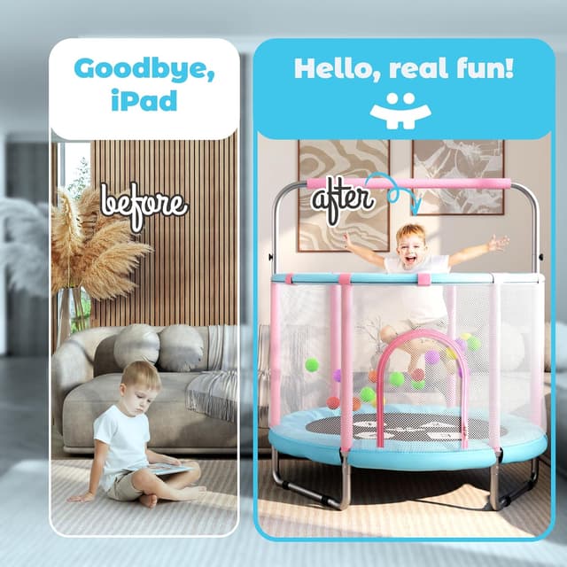 Detalle de Happin® 55” Toddler Trampoline with Safety Enclosure Net (Ages 1-6) – Indoor & Outdoor Kids Rebounder