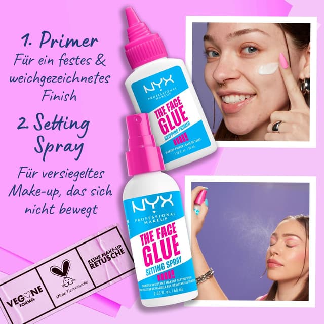 Detalle de NYX Professional Makeup The Face Glue Setting Spray (60 ml) – Fixierspray für bis zu 24 Stunden Make-up-Halt