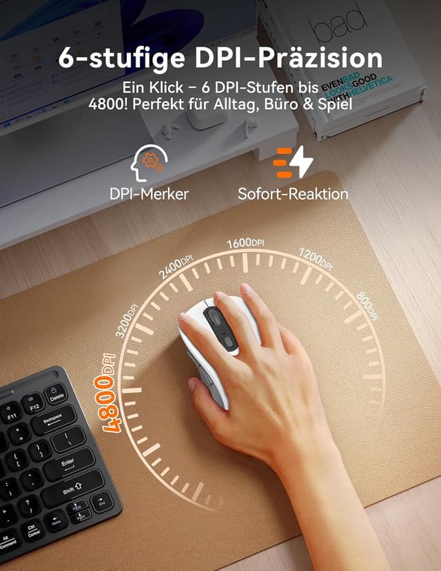 Detalle de TECKNET Bluetooth Maus Tri-Modus (BT 5.0/3.0 + 2,4 GHz) 4800 DPI, 6 Tasten, leise Klicks – Kabellos für PC/Laptop/Mac/Tablet