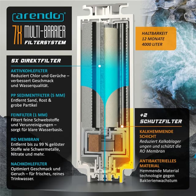 Detalle de Arendo Premium Osmoseanlage – 7-stufiges Filtersystem (5+2) mit Heißwasser bis 100 °C