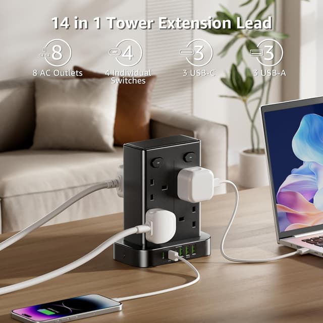 Detalle 2 de 3M Tower Extension lead with USB C slots: 8 AC outlets and 6 smart USB ports, 3m tower plug socket