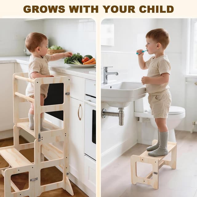 Thumbnail 6 de Toddler Kitchen Step Stool 4-in-1 Foldable Standing Tower with Blackboard (Ages 18 Months to 4 Years)
