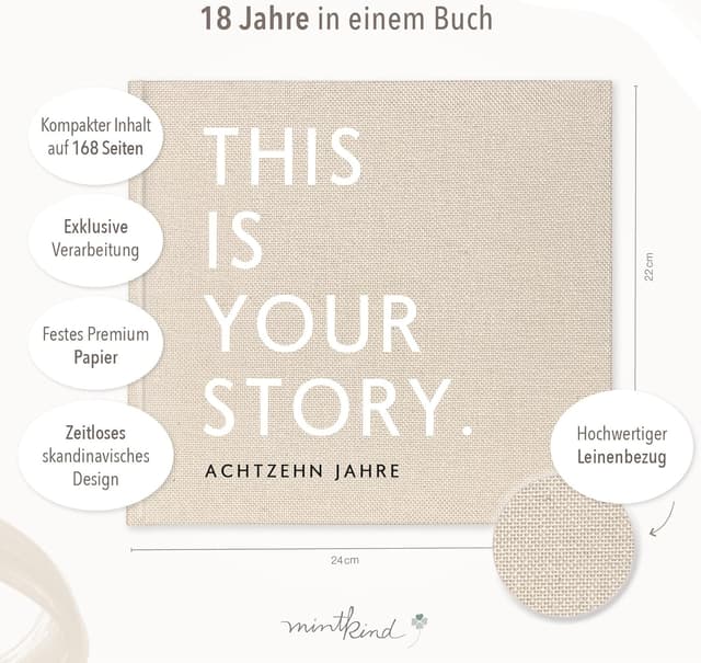 Detalle de mintkind Erinnerungsbuch Kindheit Beige – Geburtstagsbuch von 0 bis 18 Jahren mit Leinenalbum & Vorlagen