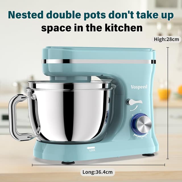 Detalle de Vospeed Stand Mixer with 4.5L + 5L bowls, 8-speed 1000W tilt-head electric mixer