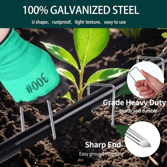 Detalle de HuiCloud 50 Weed Control Membrane Pegs + 50 Buffer Washers Heavy Duty Metal Ground Pegs Set with Hook and Gloves