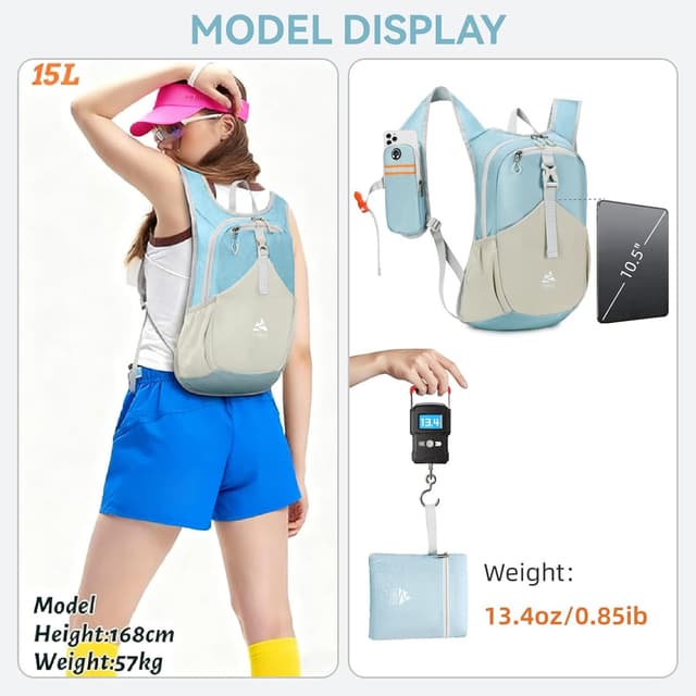 Detalle 2 de UTIAMIAOGONGO 15L petit sac à dos de randonnée pliable léger (bleu clair)