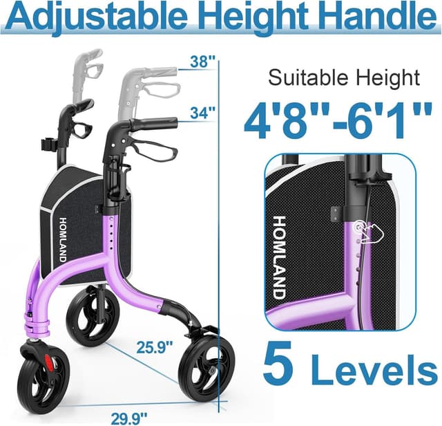 Detalle de HOMLAND 3 Wheel Walkers for Seniors – Foldable wheeled rollator with height adjustment, cane holder and cup holder