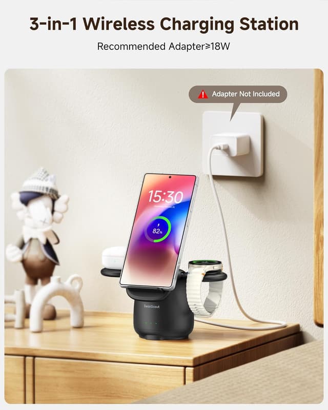 Detalle de SwanScout 707S 3-in-1 Wireless Charging Station for Samsung phones, Galaxy Watch and Buds