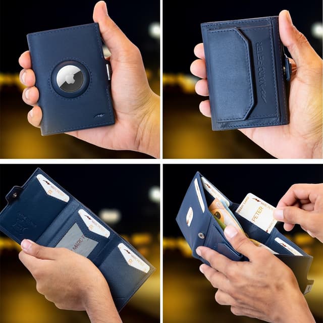 Detalle de Marc Peter Jupiter AirTag Echtleder-Geldbörse mit XL-Münzfach (für bis zu 11 Karten) – RFID-Schutz, blau