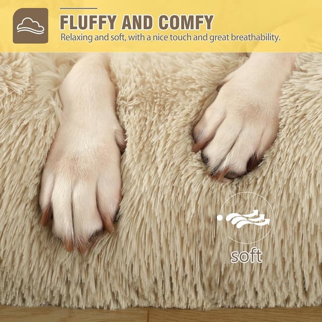 Detalle de KSIIA Extra Large Calming Dog Crate Bed (XL) – Fluffy Washable Mattress, Anti-Skid Base, Beige 105x70cm