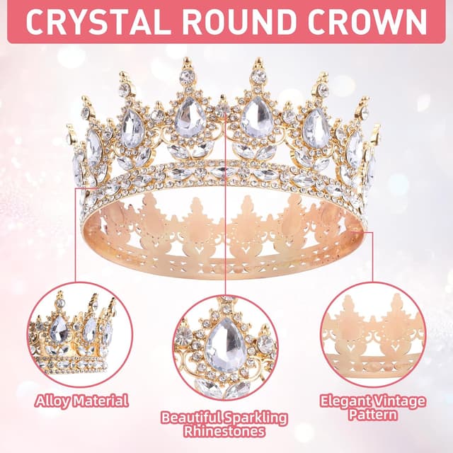 Detalle de IETWATE runde Geburtstagskrone für Damen & Mädchen – vintage Diadem in Gold mit Kristall-Optik