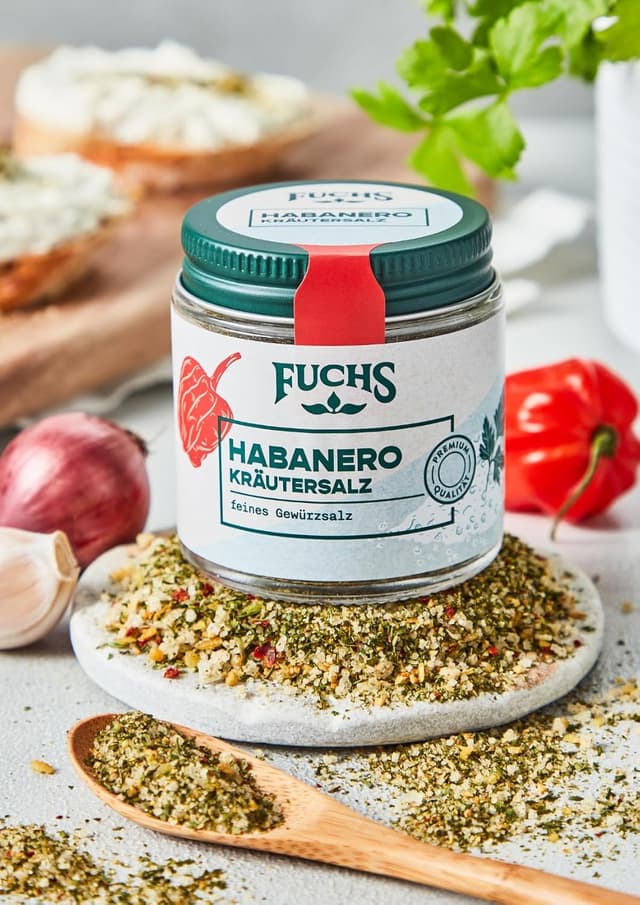 Detalle de Fuchs Gewürze Habanero Kräutersalz im wiederverschließbaren Gewürzglas (60 g) – Würzsalz für Pizza & Pasta