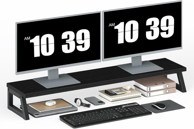 Detalle de HOOBRO EBB121CJ01 supporto scrivania per 2 monitor con rialzo e spazio contenitore