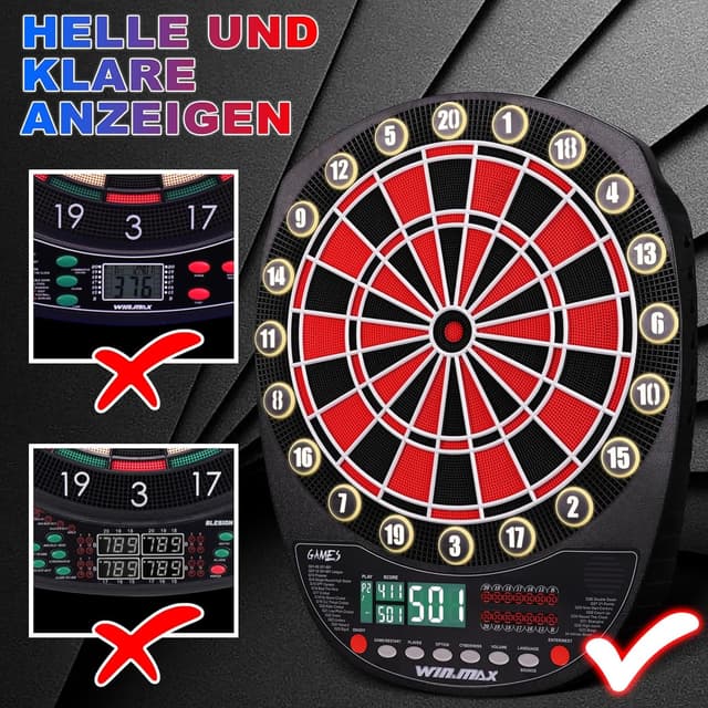 Detalle de WIN.MAX Elektronische Dartscheibe Profi Set mit 34 Games, 354 Varianten – für 1 bis 8 Spieler, 3 Sprachen