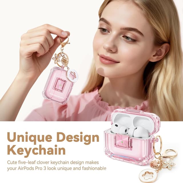 Thumbnail 6 de Wowwat AirPods Pro 3 Case (2025) with Safety Lock, Clear Soft TPU Cover + Bling Keychain & Cleaner Kit (Clear Pink)