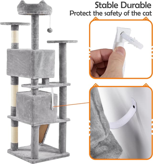 Detalle 2 de Yaheetech Cat Tree 158cm tower with scratching posts, 2 houses and dangling balls (light grey)