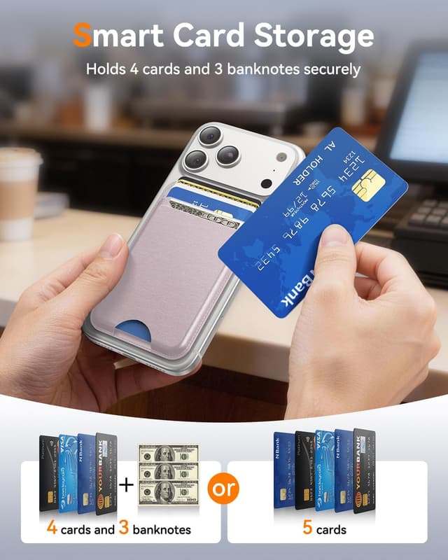 Detalle 2 de Fanseesy MagSafe Wallet (5 Card Holder) slim magnetic leather wallet with 1 card slot and cash slot – Pink