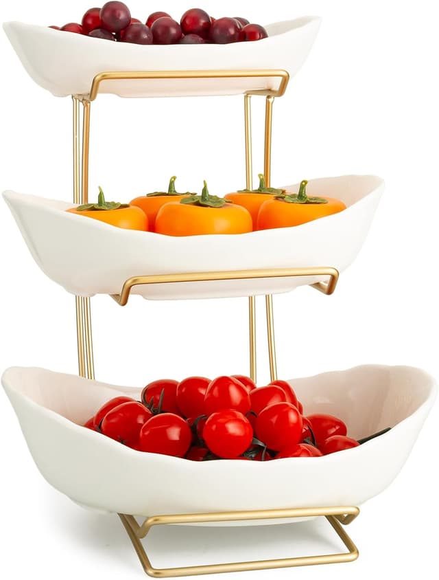 Detalle 1 de YYW 3-Tier Ceramic Fruit Bowl Stand (White & Gold) for Countertop Storage