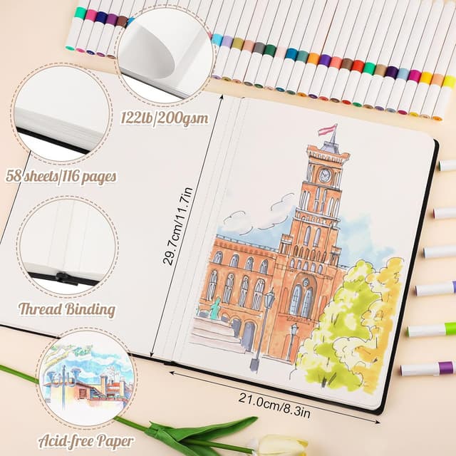 Thumbnail 1 de A4 Sketchbook 58 Sheets (116 pages) with 200GSM Thick Paper – Black Hardback Drawing Pad, 21 x 29.7 cm