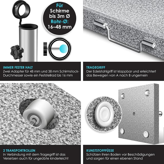 Detalle de KESSER Granit-Sonnenschirmständer mit Edelstahlrohr – quadratischer Sockel (30 kg) für Schirmstöcke 16–48 mm, inkl. Transportgriff, grau