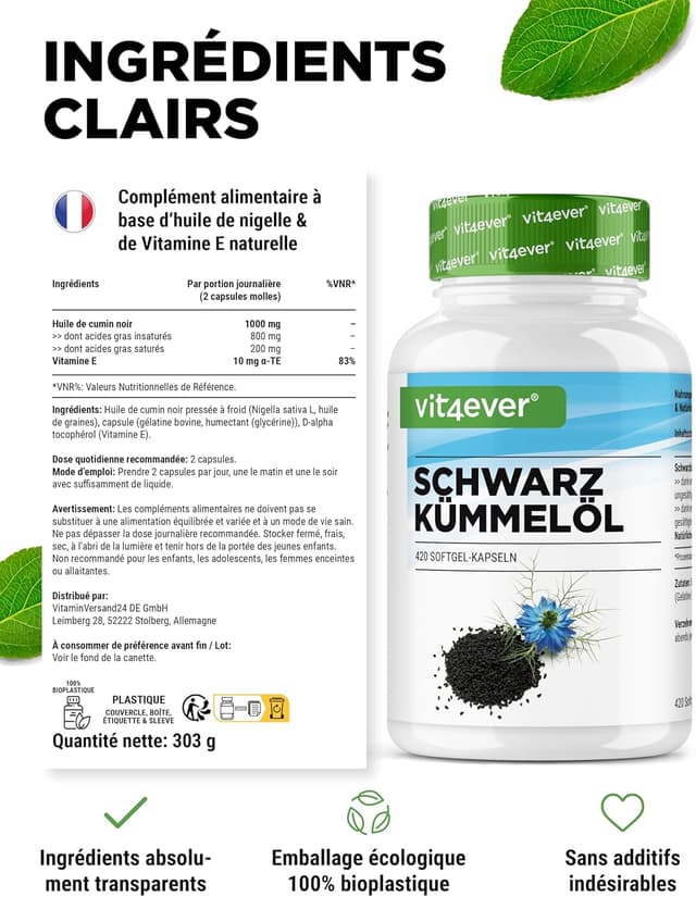 Detalle de Huile de Cumin Noir (Nigella sativa) – 420 capsules – 1000 mg par portion Journalière