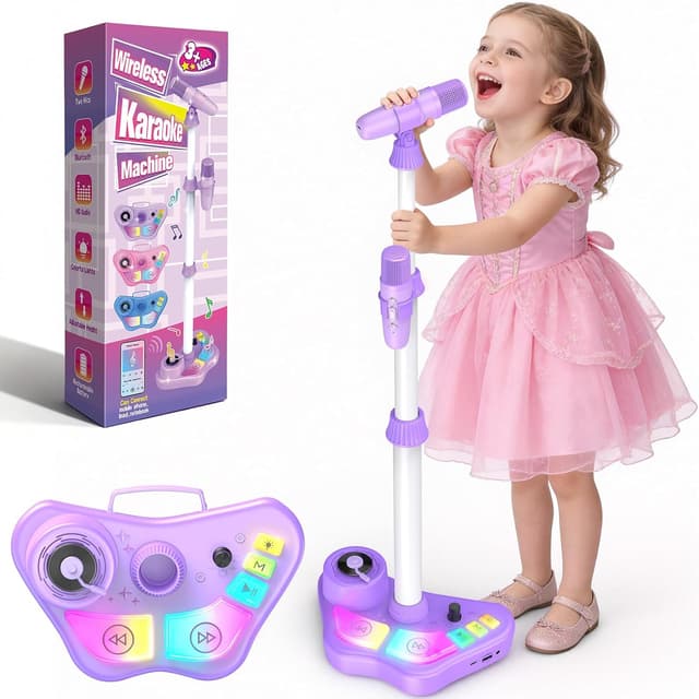 Detalle de Dislocati set karaoke per bambini con 2 microfoni, luci LED e altoparlante portatile (supporto regolabile fino a 108 cm) – Viola