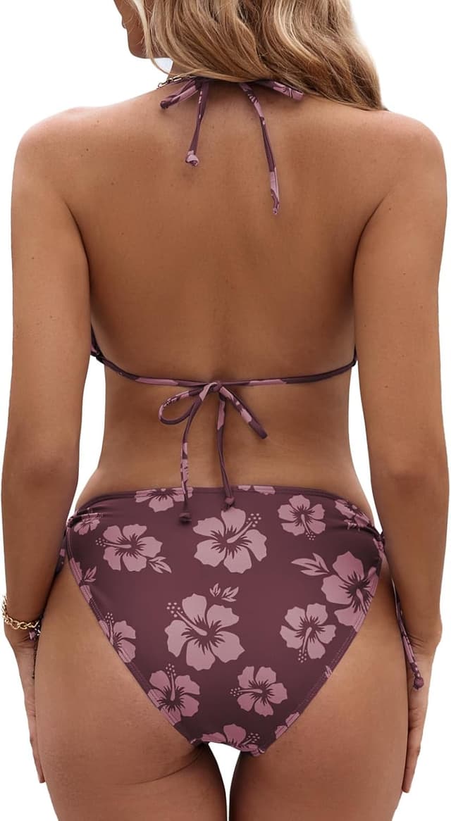 Detalle 2 de Damen Bikini-Set mit tiefem V-Ausschnitt & Triangel-Top (Low Waist, Blumendruck) – zweiteiliges Sommer-Badeoutfit