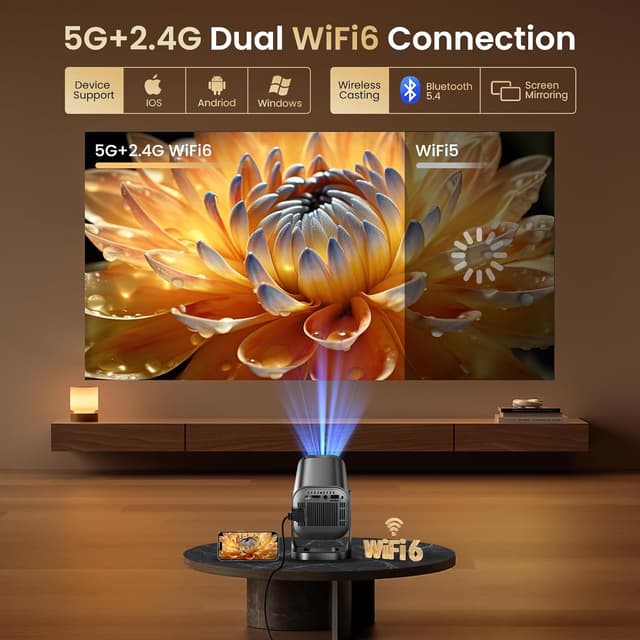 Detalle de Mini Beamer 4K 1080P – tragbarer Projektor mit Android 12.0, WLAN 6 und Bluetooth 5.4