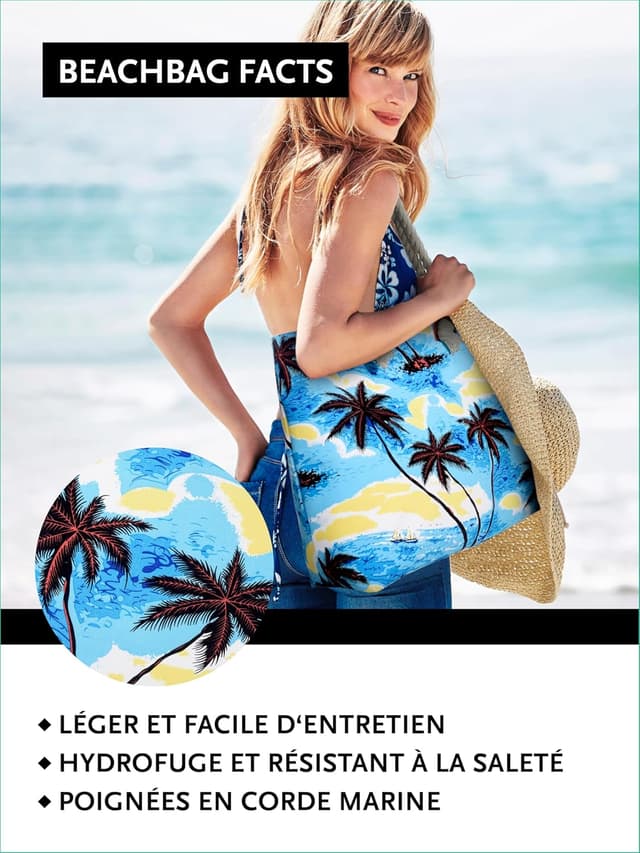 Detalle de DonDon Grand sac de plage avec fermeture à glissière – sac shopping à bandoulière XXL