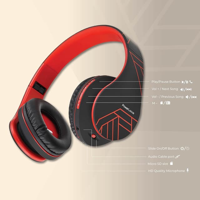 Detalle de PowerLocus Bluetooth Over-Ear Headphones (Black/Red) with Mic, Foldable Design & MicroSD/TF