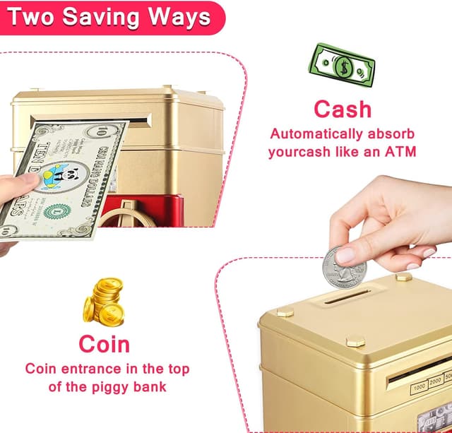 Detalle de YUNYODA Elektronische Sparbüchse für Kinder mit 4-stelligem Passwort und automatischer Münz-/Geldschein-Aufnahme