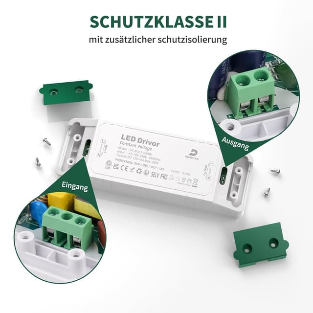 Detalle de DUSKTEC LED Trafo 230V auf 12V 60W (5A) Konstantspannung für MR16 GU5.3, MR11, G4 – LED-Netzteil/Trafo