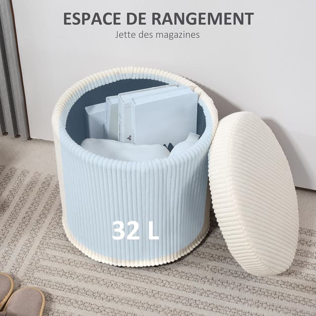 Detalle 2 de HOMCOM Pouf de rangement 32 L en velours côtelé avec couvercle et pieds en acier (jusqu’à 120 kg), beige