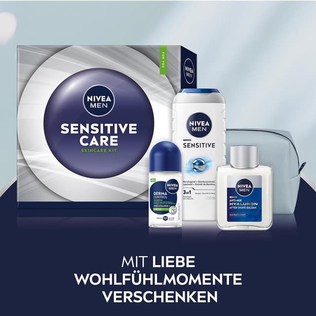 Detalle de NIVEA MEN Sensitive Care Geschenkset: Duschgel, Deo Roll-on, After Shave Balsam & Kulturtasche