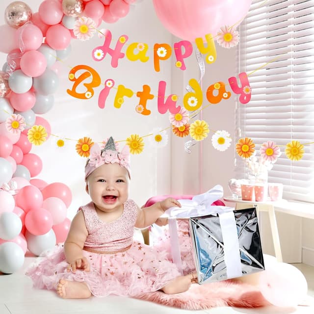 Detalle 2 de SUNBEAUTY 3er Girlande mit Gänseblümchen „Happy Birthday“ – Frühling/Party Banner für Deko