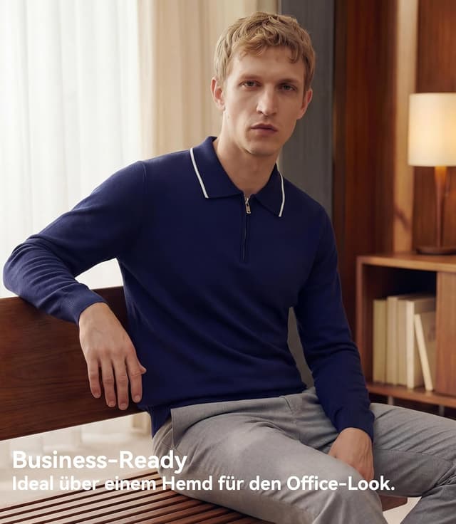 Detalle de GLESTORE Poloshirt Herren Langarm Casual mit Giraffe Stickerei – knitterfrei & elastisch