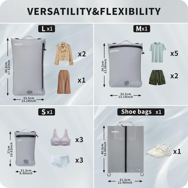 Detalle de EULANT Compression Packing Cube Set: 3 Vacuum Bags + Shoe Bag for Waterproof, Airtight Packing