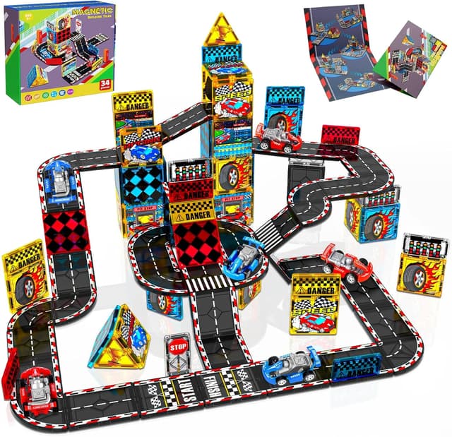 Detalle de Magnetic Tiles Road Set (34-Piece) Magnetic Car Race Track for Kids Ages 4–8