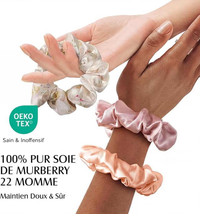 Detalle de Umisleep lot de 3 chouchous en soie de mûrier 22 momme (rose orangé, imprimé floral) – sans marques