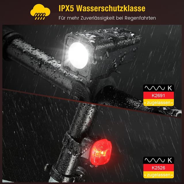 Detalle de Toptrek Fahrradlicht-Set USB aufladbar mit StVZO-Zulassung (LED, IPX5, mit wechselbarem Akku)