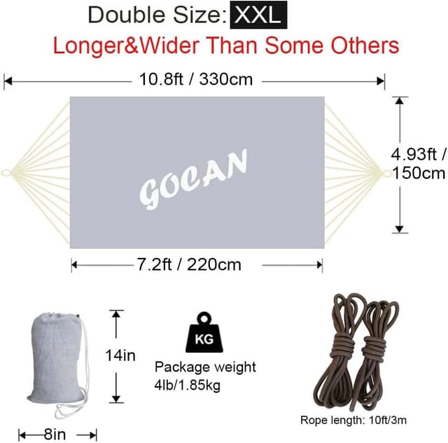 Detalle de GOCAN Brazilian Double Hammock 2 Person Extra Large Canvas 220x150cm (XXL) Grey