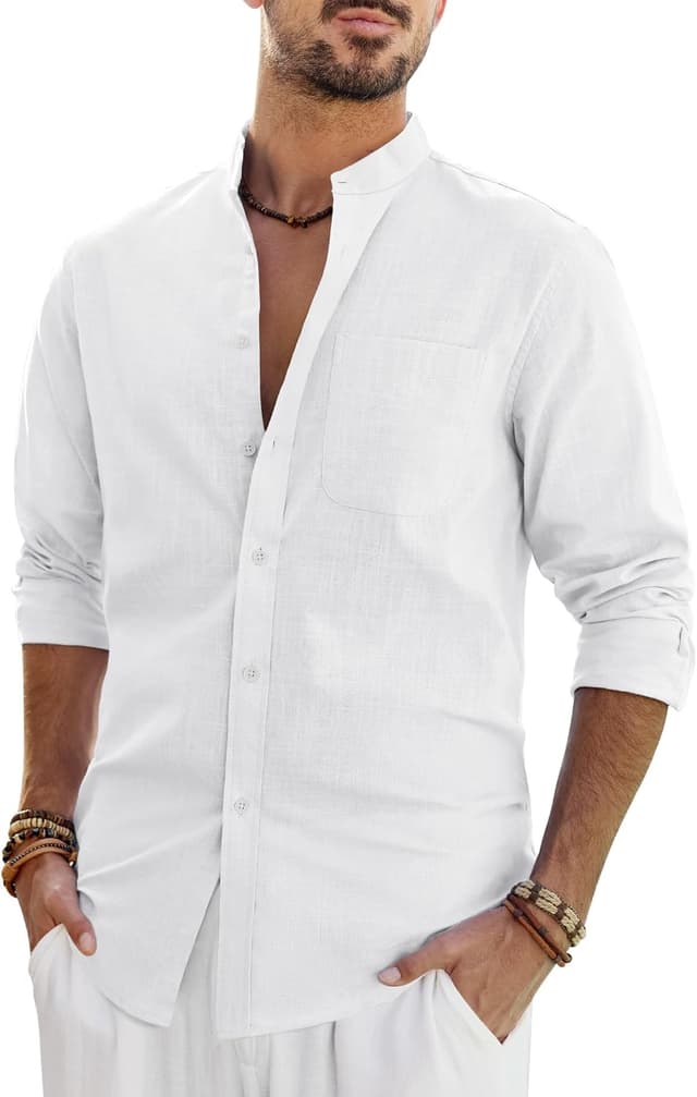 Detalle de J.VER Leinenhemd Herren mit Stehkragen, Langarm und Tasche – Regular Fit Sommerhemd aus Baumwolle & Leinen