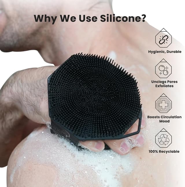 Detalle de iTokGoK Premium Silver-Infused Dual-Sided 2-in-1 Silicone Body Scrubber (Black)