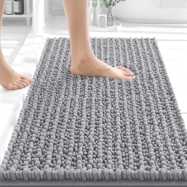 Detalle de OLANLY Chenille Bathroom Rug Mat 24x16 in Grey with Non-Slip TPR Backing