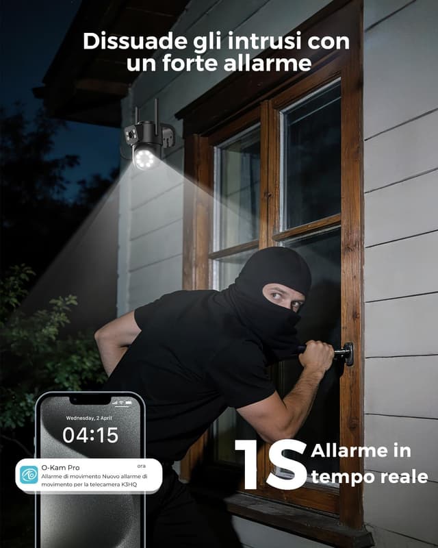 Detalle 2 de Reobiux 2K Telecamera Wi‑Fi esterna con doppia lente, 360° PTZ e visione notturna a colori (IP66)