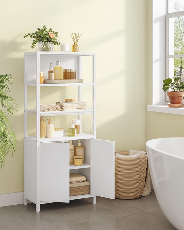 Detalle 2 de Hzuaneri meuble de salle de bain blanc avec 2 portes, étagère ouverte et plateau métallique aéré (20 x 38 x 90 cm) BC42903WV1