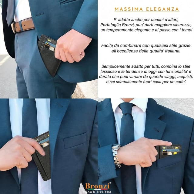 Detalle de Bronzi portafoglio sottile RFID Nero in similpelle Saffiano: mini porta tessere e carte