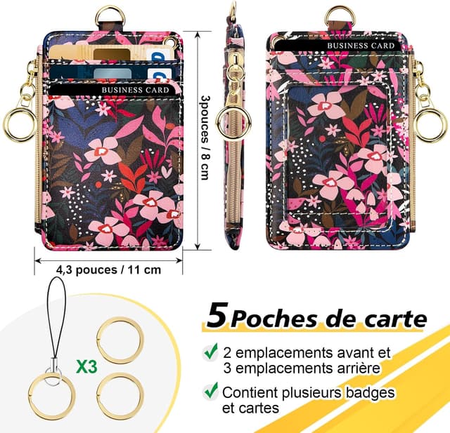 Thumbnail 6 de Porte badge tour de cou en cuir PU « Pink Flower » avec poche zippée (carte d’identité, carte d’étudiants, carte bus)